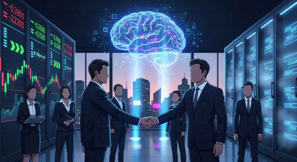 A futuristic illustration showing Microsoft and OpenAI executives shaking hands in front of a glowing AI brain hologram, symbolizing partnership and restructuring. The background features stock market tickers, cloud servers, and a city skyline, suggesting both technological innovation and financial ambition.”