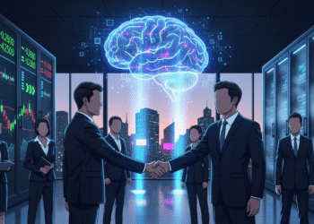 A futuristic illustration showing Microsoft and OpenAI executives shaking hands in front of a glowing AI brain hologram, symbolizing partnership and restructuring. The background features stock market tickers, cloud servers, and a city skyline, suggesting both technological innovation and financial ambition.”