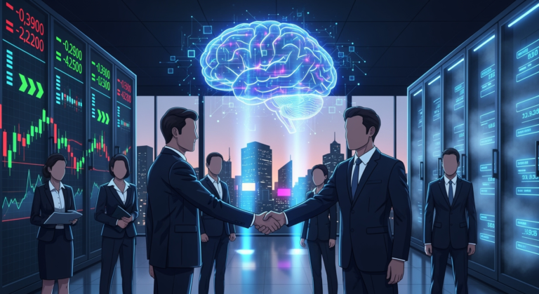 A futuristic illustration showing Microsoft and OpenAI executives shaking hands in front of a glowing AI brain hologram, symbolizing partnership and restructuring. The background features stock market tickers, cloud servers, and a city skyline, suggesting both technological innovation and financial ambition.”