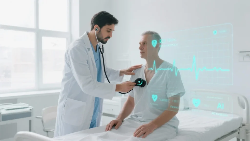 A doctor using a sleek, modern AI-powered stethoscope on a patient’s chest in a bright clinic. A digital interface overlays the image, showing heart waveforms and AI analysis results in real time, symbolizing the fusion of traditional medicine with artificial intelligence.