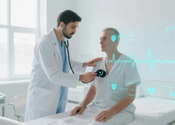 A doctor using a sleek, modern AI-powered stethoscope on a patient’s chest in a bright clinic. A digital interface overlays the image, showing heart waveforms and AI analysis results in real time, symbolizing the fusion of traditional medicine with artificial intelligence.
