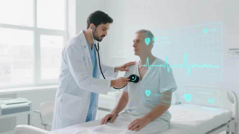 A doctor using a sleek, modern AI-powered stethoscope on a patient’s chest in a bright clinic. A digital interface overlays the image, showing heart waveforms and AI analysis results in real time, symbolizing the fusion of traditional medicine with artificial intelligence.