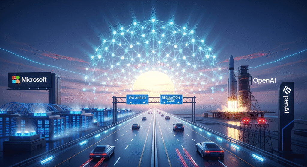 A futuristic highway leading into a glowing horizon shaped like an AI neural network. On one side, Microsoft’s logo and servers symbolize stability; on the other, OpenAI’s logo with a rocket launch conveys ambition. Road signs read “IPO Ahead” and “Regulation Zone,” hinting at challenges and opportunities.