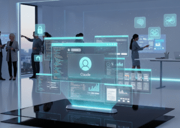 A sleek futuristic workspace with a glowing holographic interface showing an AI assistant named ‘Claude’ managing multiple project files in separate floating windows. The background features diverse professionals collaborating seamlessly, while icons for privacy (a lock), memory (a brain), and teamwork (linked hands) hover around the AI.”