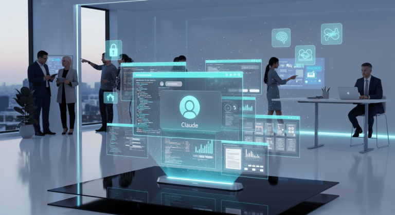 A sleek futuristic workspace with a glowing holographic interface showing an AI assistant named ‘Claude’ managing multiple project files in separate floating windows. The background features diverse professionals collaborating seamlessly, while icons for privacy (a lock), memory (a brain), and teamwork (linked hands) hover around the AI.”