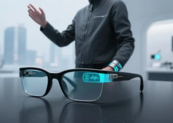 A futuristic promotional image showing a sleek pair of AI-powered smart glasses with a subtle heads-up display glowing inside one lens. In the background, a person gestures with their hand while wearing a neural wristband, symbolizing gesture-based control. The scene conveys innovation, competition, and the future of wearable computing.