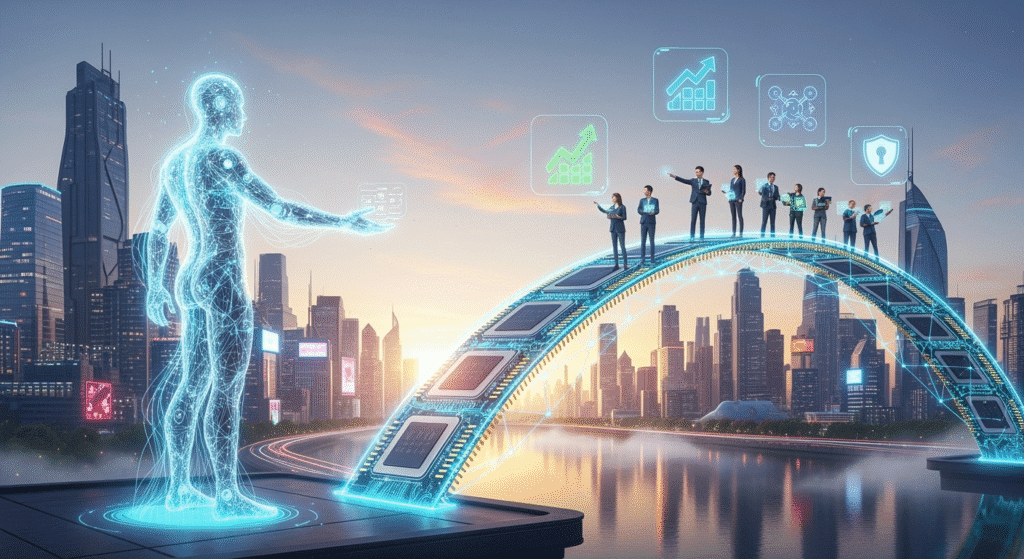 A futuristic city skyline at dawn, with a glowing AI figure extending a bridge made of digital memory chips toward collaborating teams. Floating icons of growth charts, integration tools, and security locks hover in the sky, symbolizing the future of AI-human collaboration."
