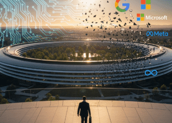 A high-resolution editorial-style image showing Apple’s headquarters in Cupertino, with a symbolic overlay of digital AI circuit patterns fading into fragments, representing talent exodus. In the foreground, a silhouette of an executive (symbolizing Robby Walker) walks away holding a briefcase, while logos of competitors like Google, Microsoft, and Meta glow in the background as rising rivals.
