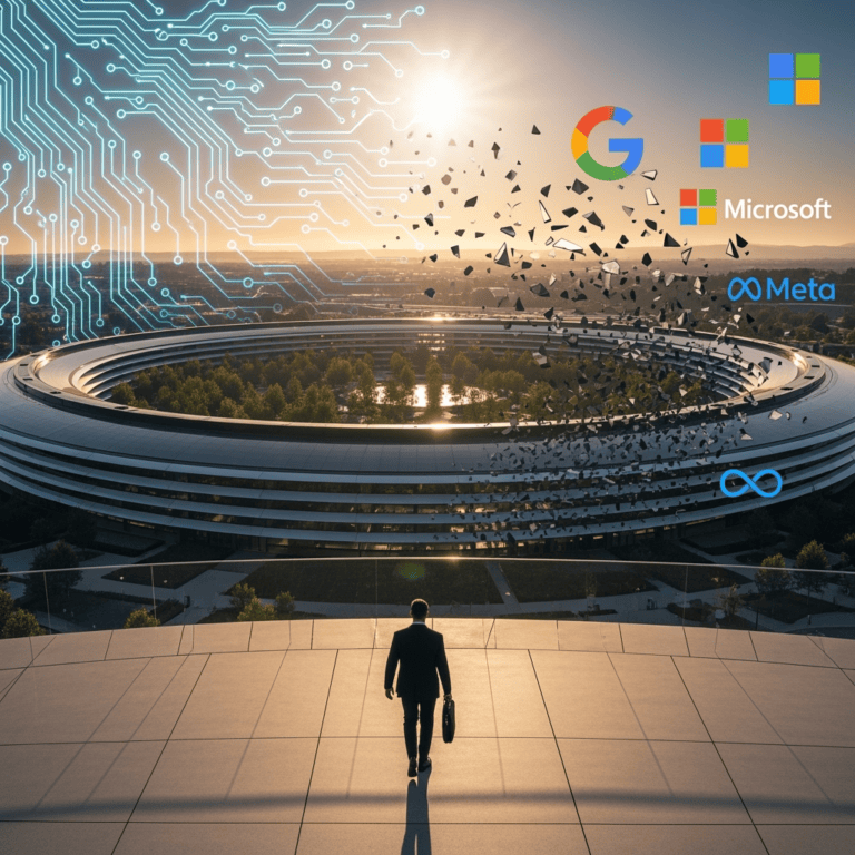 A high-resolution editorial-style image showing Apple’s headquarters in Cupertino, with a symbolic overlay of digital AI circuit patterns fading into fragments, representing talent exodus. In the foreground, a silhouette of an executive (symbolizing Robby Walker) walks away holding a briefcase, while logos of competitors like Google, Microsoft, and Meta glow in the background as rising rivals.