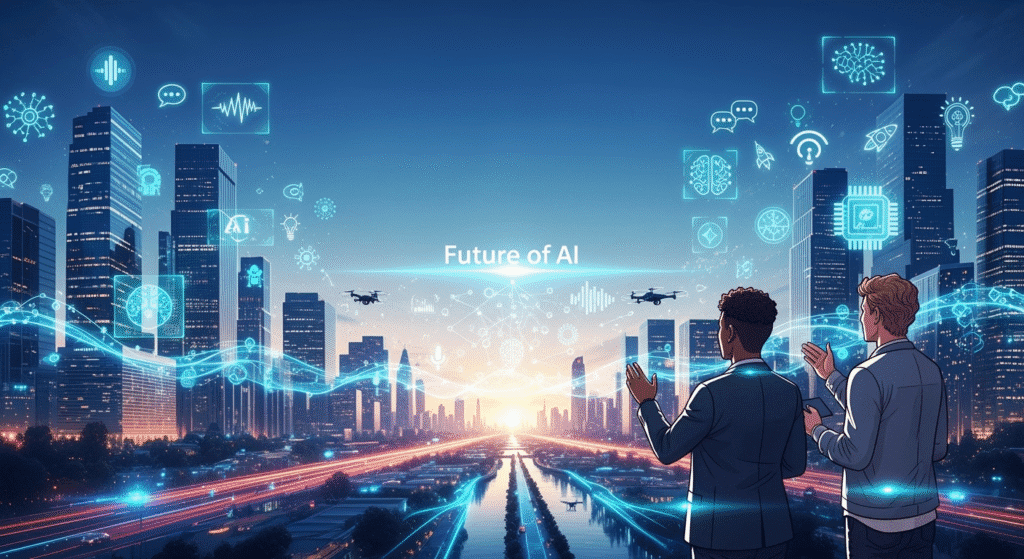 A futuristic cityscape where AI holograms, digital assistants, and innovation icons float in the skyline. In the foreground, Vijaye Raji and Sam Altman are illustrated pointing toward a glowing horizon labeled “Future of AI.” Subtle gears, charts, and network lines merge into the horizon, symbolizing integration, strategy, and forward momentum.