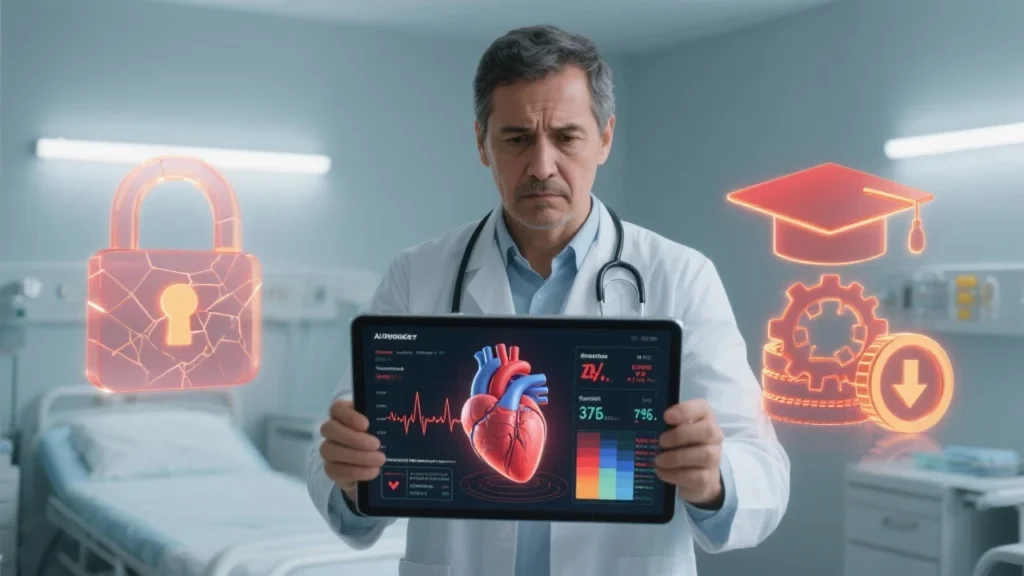 A doctor looking at a tablet screen displaying AI-generated heart analysis data, with a concerned expression. In the background, icons representing ‘data privacy,’ ‘cost,’ and ‘training’ appear as abstract warning symbols, highlighting the challenges of implementing AI in healthcare.