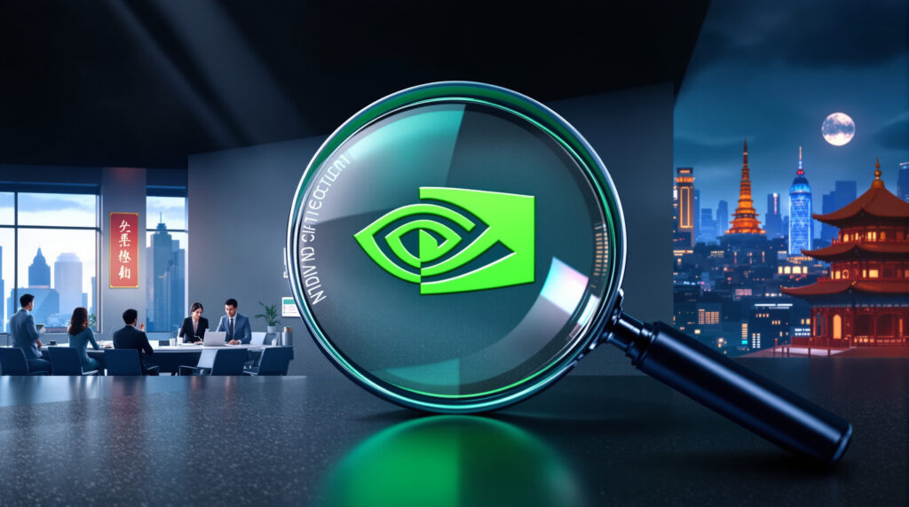 A conceptual illustration showing NVIDIA’s iconic green logo under a magnifying glass labeled “China SAMR Investigation.” In the background, a split scene: one half depicts Chinese regulators in Beijing with documents, the other half shows NVIDIA’s H20 chip glowing on a circuit board. A faint backdrop of US and China flags conveys the geopolitical tension.