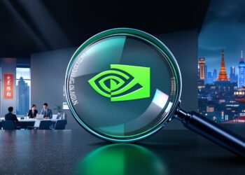 A conceptual illustration showing NVIDIA’s iconic green logo under a magnifying glass labeled “China SAMR Investigation.” In the background, a split scene: one half depicts Chinese regulators in Beijing with documents, the other half shows NVIDIA’s H20 chip glowing on a circuit board. A faint backdrop of US and China flags conveys the geopolitical tension.