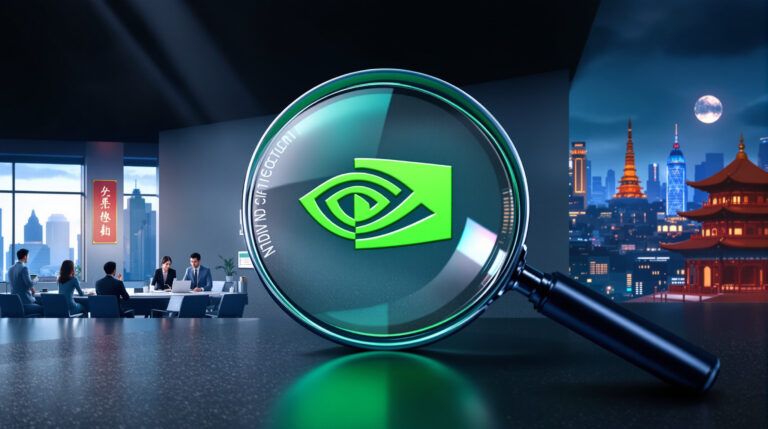 A conceptual illustration showing NVIDIA’s iconic green logo under a magnifying glass labeled “China SAMR Investigation.” In the background, a split scene: one half depicts Chinese regulators in Beijing with documents, the other half shows NVIDIA’s H20 chip glowing on a circuit board. A faint backdrop of US and China flags conveys the geopolitical tension.