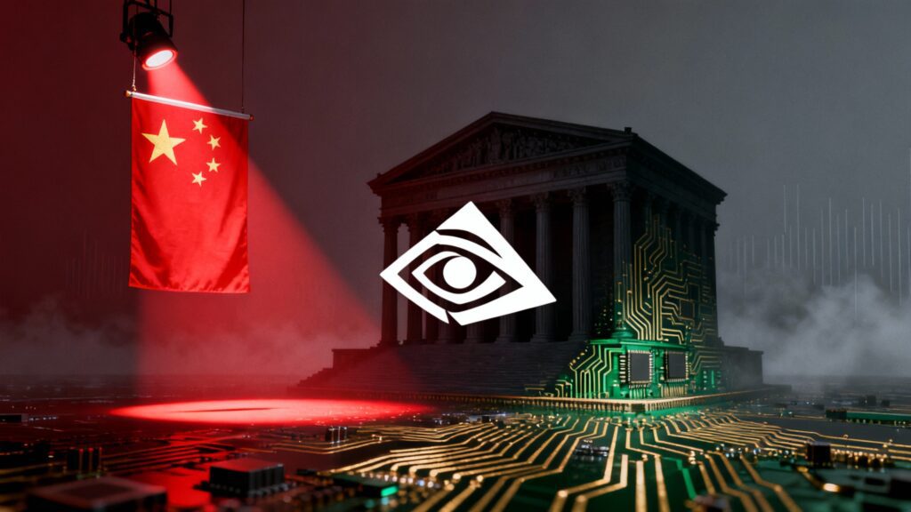 A close-up rendering of an NVIDIA H20 chip placed on a motherboard, glowing faintly green. A digital overlay shows the words “Restricted for Export” stamped across it. On one side, the US flag is stylized as a firewall barrier; on the other, Chinese officials in silhouette look on skeptically, symbolizing mistrust of the technology.
