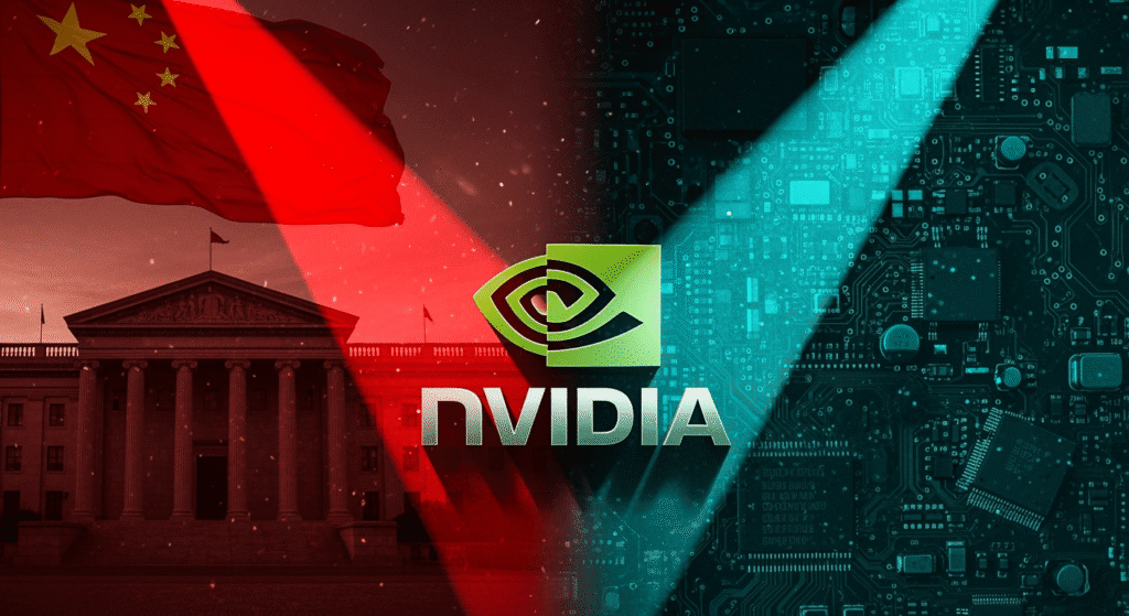 A dramatic news-style graphic showing the NVIDIA logo being spotlighted in red by the Chinese flag, symbolizing scrutiny. In the background, a courthouse silhouette fades into a circuit board, suggesting the blend of law and technology. The overall tone is tense, signaling a high-stakes legal battle.