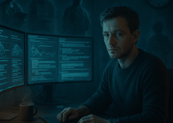 A moody, futuristic portrait of Sam Altman sitting at a desk late at night, surrounded by glowing screens filled with AI code and chat windows. The background fades into surreal shadows of human figures (nurses, programmers, soldiers, customer service agents), symbolizing jobs in transition. A clock shows 3:00 AM, reinforcing the sleepless theme.