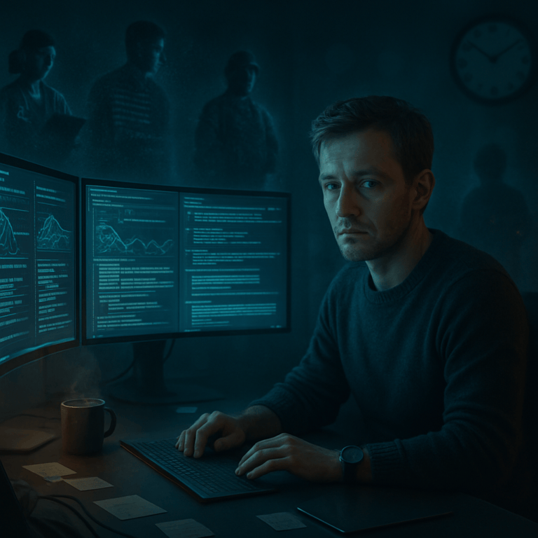 A moody, futuristic portrait of Sam Altman sitting at a desk late at night, surrounded by glowing screens filled with AI code and chat windows. The background fades into surreal shadows of human figures (nurses, programmers, soldiers, customer service agents), symbolizing jobs in transition. A clock shows 3:00 AM, reinforcing the sleepless theme.