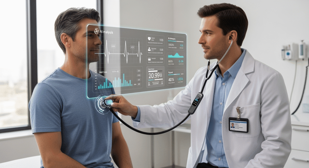 A doctor using a sleek, modern AI-powered stethoscope on a patient’s chest in a bright clinic. A digital interface overlays the image, showing heart waveforms and AI analysis results in real time, symbolizing the fusion of traditional medicine with artificial intelligence.