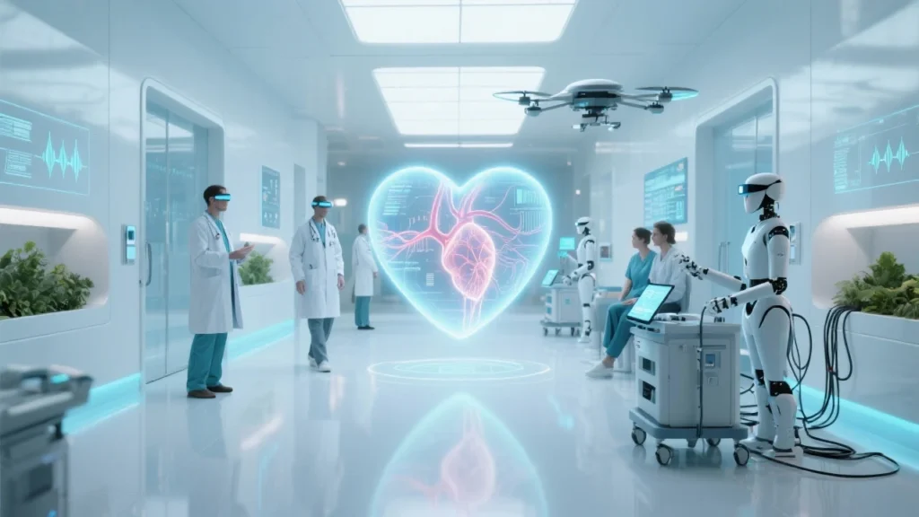 A futuristic hospital corridor with doctors and AI-driven devices working side by side. A glowing heart-shaped hologram hovers in the center, symbolizing the future of cardiology where human expertise and artificial intelligence beat in unison.”