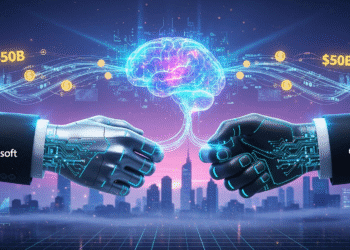 A futuristic illustration of two giant corporate hands, one labeled Microsoft and the other OpenAI, shaking hands but pulling slightly in opposite directions. Between them is a glowing AI brain connected to streams of digital data and dollar symbols, symbolizing the $50 billion revenue shift and evolving partnership.