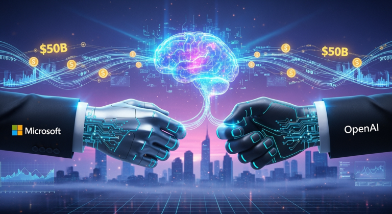 A futuristic illustration of two giant corporate hands, one labeled Microsoft and the other OpenAI, shaking hands but pulling slightly in opposite directions. Between them is a glowing AI brain connected to streams of digital data and dollar symbols, symbolizing the $50 billion revenue shift and evolving partnership.