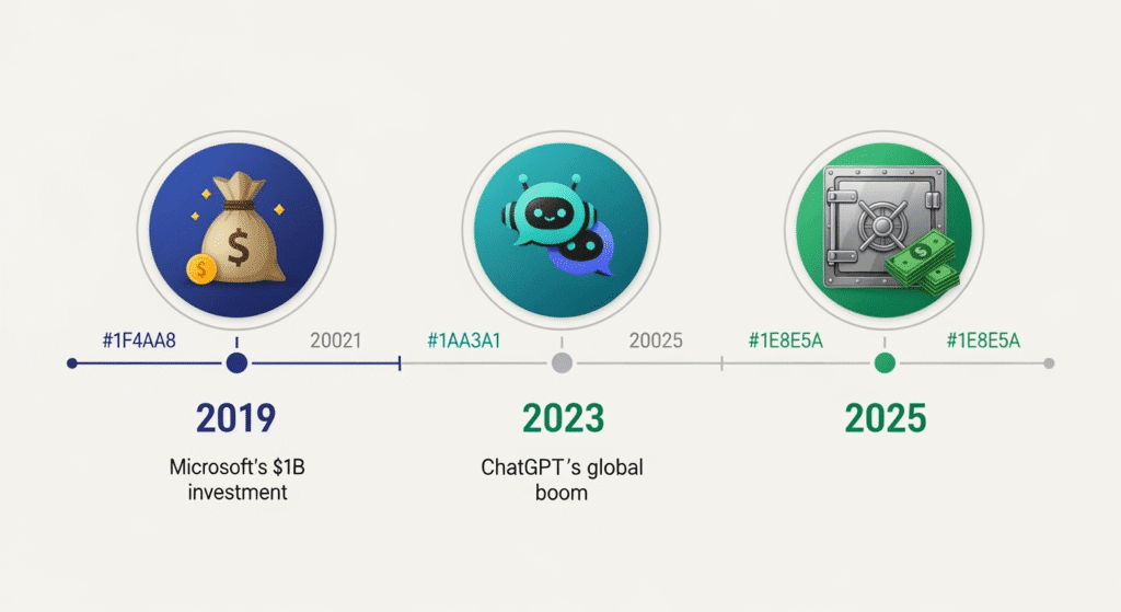 A timeline graphic starting in 2019 with Microsoft’s $1B investment, progressing to 2023 with ChatGPT’s global boom, and leading to 2025 with OpenAI reclaiming $50B revenue. Each milestone is marked with icons: investment bag, chatbot icon, and cash vault.