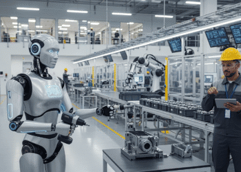 A futuristic humanoid robot standing inside a modern factory, interacting with human workers. The robot has sleek, metallic limbs, expressive digital eyes, and is holding a tool while a worker supervises. In the background, automated machines and conveyor belts are running, symbolizing the blend of AI intelligence and human-like robotics. Bright lighting and a clean industrial setting convey innovation and progress.