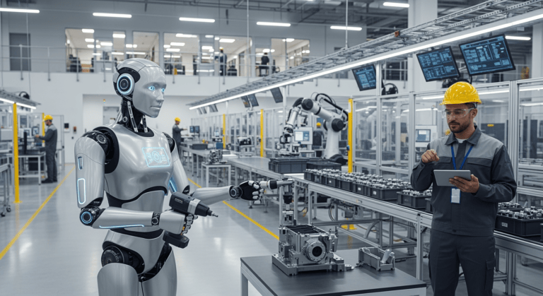 A futuristic humanoid robot standing inside a modern factory, interacting with human workers. The robot has sleek, metallic limbs, expressive digital eyes, and is holding a tool while a worker supervises. In the background, automated machines and conveyor belts are running, symbolizing the blend of AI intelligence and human-like robotics. Bright lighting and a clean industrial setting convey innovation and progress.