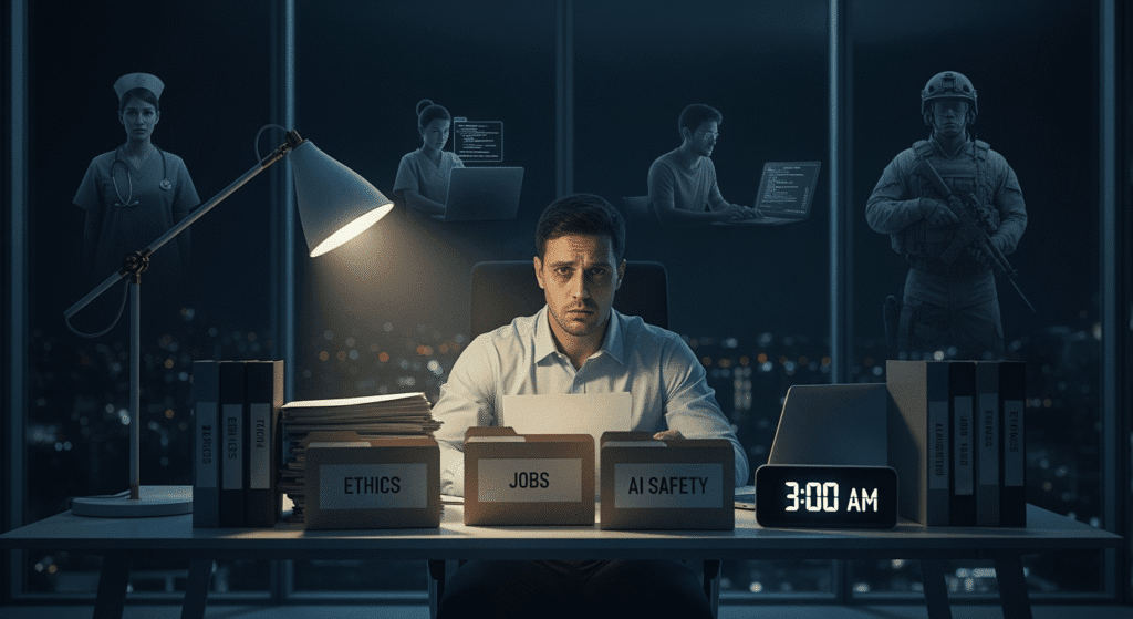 Sam Altman sitting at his desk at 3:00 AM, dark circles under his eyes, with stacks of documents labeled “Ethics,” “Jobs,” and “AI Safety.” Behind him, ghostly silhouettes of people—nurses, coders, soldiers—float in the shadows, symbolizing the human impact of his decisions.