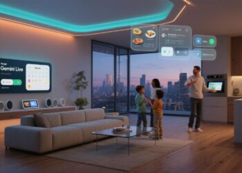 A futuristic living room with sleek Google Nest speakers and smart displays on a shelf, a wall-mounted Nest Hub showing “Gemini Live,” and subtle ambient lighting responding to voice commands. A family interacts naturally with the devices, while digital overlays illustrate AI-driven tasks like scheduling, cooking guidance, and home automation.