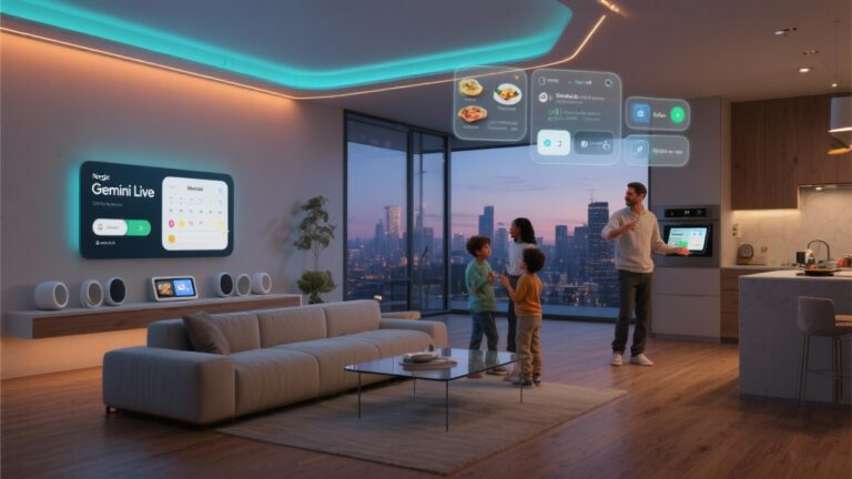 A futuristic living room with sleek Google Nest speakers and smart displays on a shelf, a wall-mounted Nest Hub showing “Gemini Live,” and subtle ambient lighting responding to voice commands. A family interacts naturally with the devices, while digital overlays illustrate AI-driven tasks like scheduling, cooking guidance, and home automation.