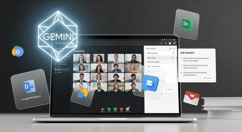 A sleek Google Meet interface on a laptop screen with the new “Ask Gemini” AI assistant sidebar active. The assistant is displaying a real-time meeting summary while participants in small video tiles discuss. Subtle Workspace icons (Docs, Sheets, Gmail) hover around, symbolizing integration. A glowing Gemini logo represents AI intelligence and futuristic meeting support.