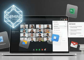 A sleek Google Meet interface on a laptop screen with the new “Ask Gemini” AI assistant sidebar active. The assistant is displaying a real-time meeting summary while participants in small video tiles discuss. Subtle Workspace icons (Docs, Sheets, Gmail) hover around, symbolizing integration. A glowing Gemini logo represents AI intelligence and futuristic meeting support.