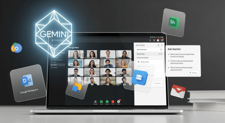 A sleek Google Meet interface on a laptop screen with the new “Ask Gemini” AI assistant sidebar active. The assistant is displaying a real-time meeting summary while participants in small video tiles discuss. Subtle Workspace icons (Docs, Sheets, Gmail) hover around, symbolizing integration. A glowing Gemini logo represents AI intelligence and futuristic meeting support.