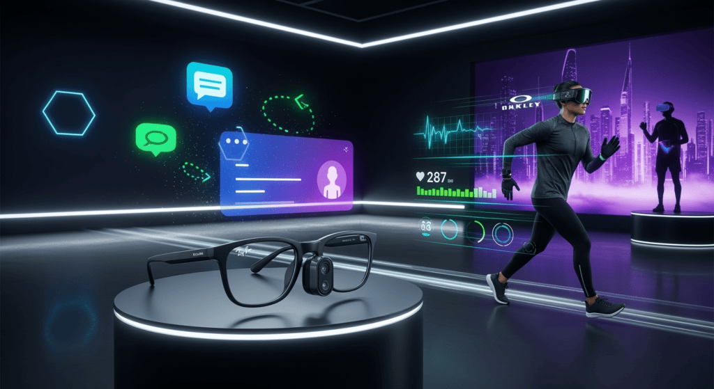 A sleek pair of Meta Ray-Ban smart glasses displayed against a futuristic backdrop, with holographic icons for messages, navigation, and video calls floating nearby. To the side, a digital athlete wearing Oakley Meta Vanguard glasses runs with performance stats projected in the air. In the background, a VR user with a Meta Quest headset is immersed in a virtual cityscape, symbolizing the merging of AI, wearables, and immersive technology.