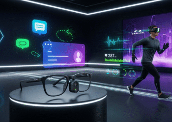 A sleek pair of Meta Ray-Ban smart glasses displayed against a futuristic backdrop, with holographic icons for messages, navigation, and video calls floating nearby. To the side, a digital athlete wearing Oakley Meta Vanguard glasses runs with performance stats projected in the air. In the background, a VR user with a Meta Quest headset is immersed in a virtual cityscape, symbolizing the merging of AI, wearables, and immersive technology.