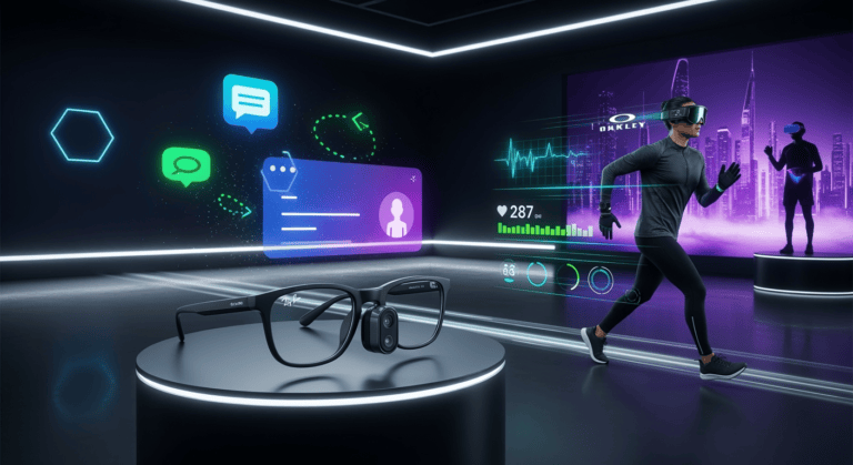 A sleek pair of Meta Ray-Ban smart glasses displayed against a futuristic backdrop, with holographic icons for messages, navigation, and video calls floating nearby. To the side, a digital athlete wearing Oakley Meta Vanguard glasses runs with performance stats projected in the air. In the background, a VR user with a Meta Quest headset is immersed in a virtual cityscape, symbolizing the merging of AI, wearables, and immersive technology.