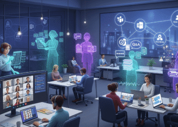 A modern digital workplace illustration showing diverse employees in a virtual meeting on Microsoft Teams. Alongside them, glowing holographic AI avatars act as teammates: one takes meeting notes, another organizes files, a third answers chat questions, and a fourth manages community discussions. The background features interconnected icons of Teams, SharePoint, and Viva Engage, symbolizing seamless AI-powered collaboration.