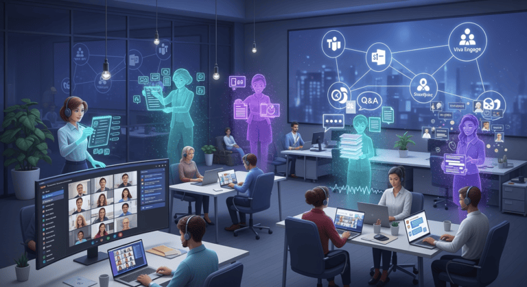 A modern digital workplace illustration showing diverse employees in a virtual meeting on Microsoft Teams. Alongside them, glowing holographic AI avatars act as teammates: one takes meeting notes, another organizes files, a third answers chat questions, and a fourth manages community discussions. The background features interconnected icons of Teams, SharePoint, and Viva Engage, symbolizing seamless AI-powered collaboration.