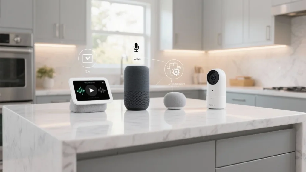 A modern kitchen counter showcasing a lineup of Google Nest devices: Nest Hub, Nest Audio, Nest Mini, and a new Nest camera with a crisp 2K lens. Subtle digital overlays highlight compatibility features, with icons representing voice control, video streaming, and automation routines.