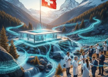 “An illustrated scene of Switzerland’s national AI project: futuristic servers nestled among the Swiss Alps, with transparent glowing code flowing like rivers through the mountains. A Swiss flag waves above a sleek digital hub, symbolizing openness and trust. Diverse people—scientists, business leaders, and educators—stand connected by streams of data, highlighting inclusivity and public benefit.