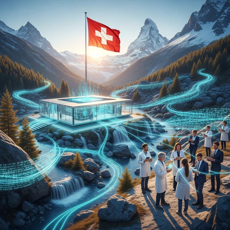 “An illustrated scene of Switzerland’s national AI project: futuristic servers nestled among the Swiss Alps, with transparent glowing code flowing like rivers through the mountains. A Swiss flag waves above a sleek digital hub, symbolizing openness and trust. Diverse people—scientists, business leaders, and educators—stand connected by streams of data, highlighting inclusivity and public benefit.