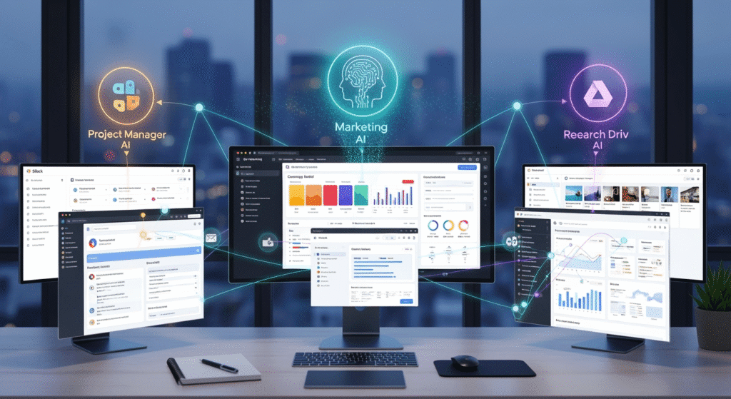 A dynamic office scene where multiple AI agents appear as glowing icons hovering over different digital tools like Slack, Google Drive, and GitHub. A marketing agent is creating a campaign, a project manager agent is drafting emails, and a research agent is pulling data from the internet — all happening simultaneously on interconnected dashboards.