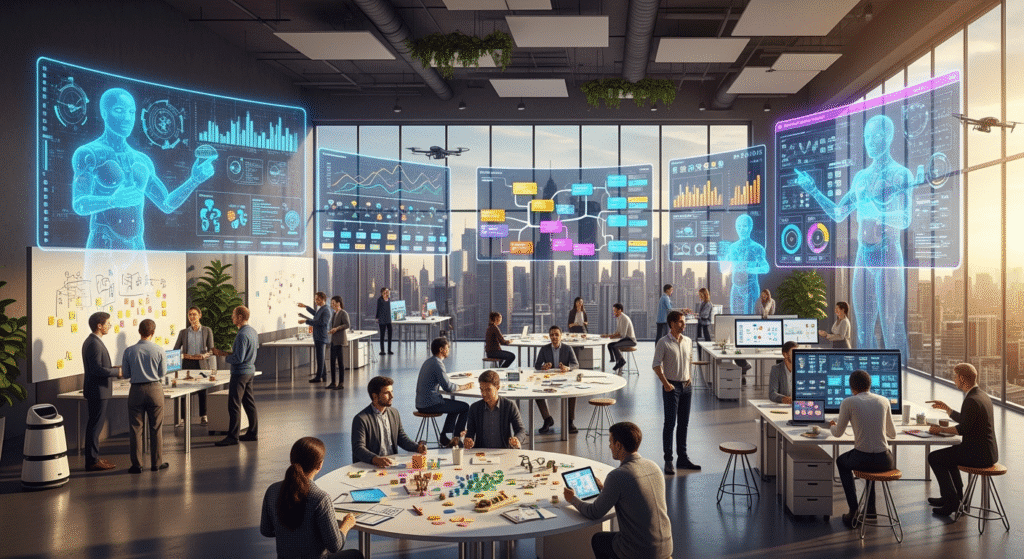 A dynamic office scene where multiple AI agents appear as glowing icons hovering over different digital tools like Slack, Google Drive, and GitHub. A marketing agent is creating a campaign, a project manager agent is drafting emails, and a research agent is pulling data from the internet — all happening simultaneously on interconnected dashboards.