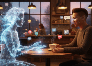 A digital illustration showing a person sitting at a café table across from a glowing, holographic partner made of code and light. The human wears a wedding ring while smiling at their virtual partner, while the background shows floating chat bubbles, heart emojis, and blurred social media icons. The tone is both futuristic and slightly bittersweet, symbolizing the merging of AI and human intimacy.