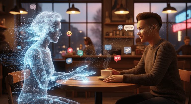 A digital illustration showing a person sitting at a café table across from a glowing, holographic partner made of code and light. The human wears a wedding ring while smiling at their virtual partner, while the background shows floating chat bubbles, heart emojis, and blurred social media icons. The tone is both futuristic and slightly bittersweet, symbolizing the merging of AI and human intimacy.
