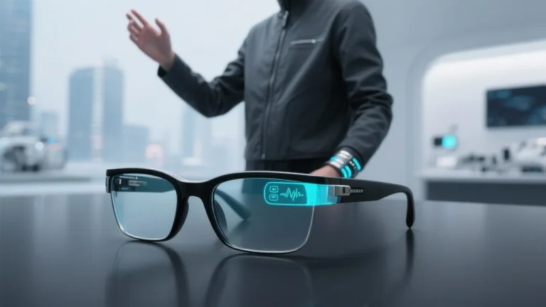 A futuristic promotional image showing a sleek pair of AI-powered smart glasses with a subtle heads-up display glowing inside one lens. In the background, a person gestures with their hand while wearing a neural wristband, symbolizing gesture-based control. The scene conveys innovation, competition, and the future of wearable computing.