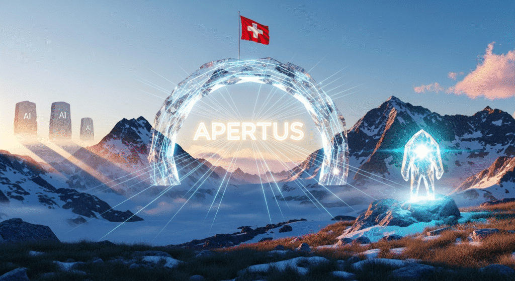 A futuristic digital gateway opening in the Swiss Alps with beams of light spelling ‘Apertus.’ A Swiss flag shines proudly above, symbolizing national innovation. On one side, silhouettes of existing AI giants like ChatGPT loom, while Apertus stands as a bright, transparent alternative radiating openness.