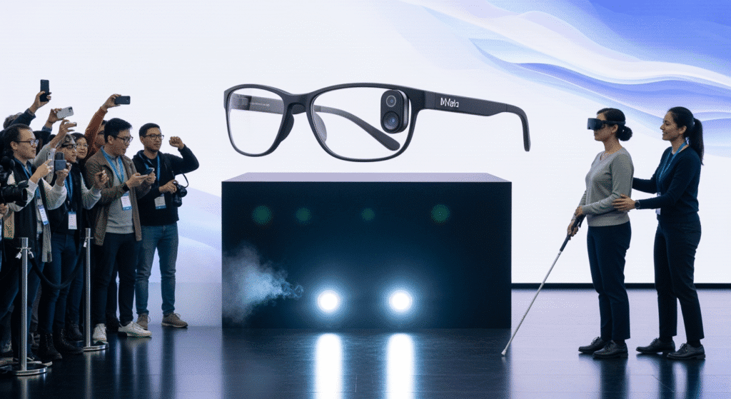 An elegant product launch stage with Meta’s smart glasses displayed under spotlights. On one side, excited tech enthusiasts snap photos with smartphones, while on the other, a visually impaired person confidently tries on the glasses with a supportive guide. The scene contrasts mainstream curiosity with the life-changing potential for the blind community.